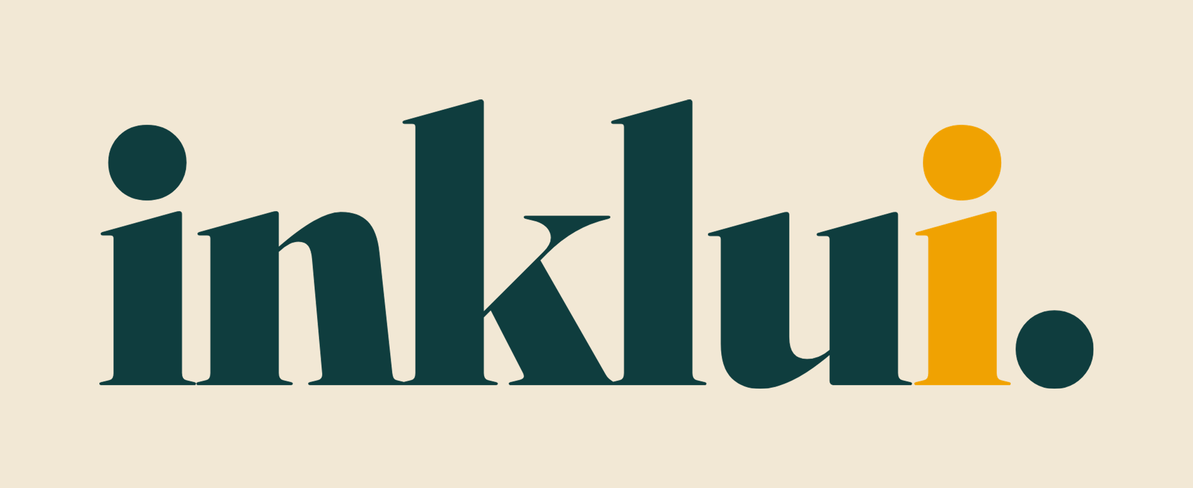 Logotipo de inklui en verde azulado con la «i» ámbar, sobre fondo arena.